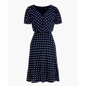 J. Crew Fit and Flare Polka Dot Midi Dress Navy White Size 00 Puff Sleeve V-Neck